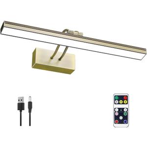 FUNCHDAY Picture Light,3CCT Battery Art Lights for Wall,Wireless Remote Painting Light with Timer and Dimmable,16Metal Display Lighting for Artwork,Portrait,Gallery-Antique Brass