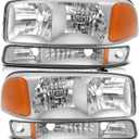 Headlight Assembly for GMC Sierra 1500 1999-2006 for GMC Sierra 1500 Classic 2007 Chrome Housing Amber Reflector Clear lens Driver and Passenger Side Headlamp