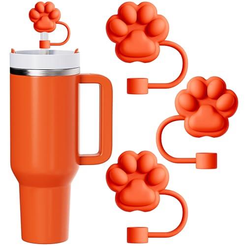 3Pcs Cute Straw Toppers for Stanley Cups - Cat Paw Straw Cover Cap for Stanley Cup Accessories, Reusable Orange Silicone Straw Covers Compatible with Stanley 30&40 Oz Tumbler 3 PACK