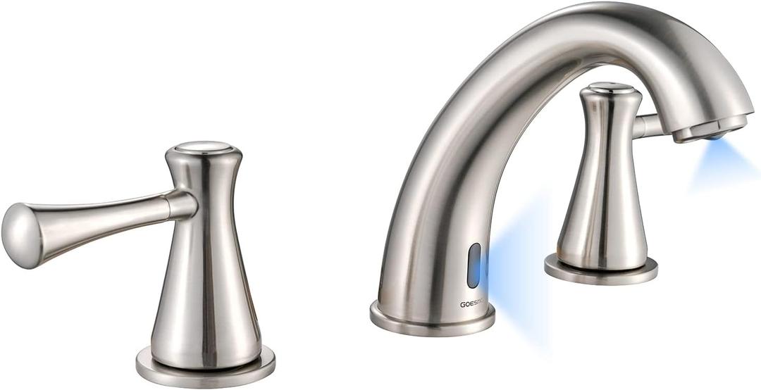 Touchless Bathroom Faucet for 3 Holes with 3 Handles, Controlling Temperature & Adjustable Water Flow, Short & Long Induction Modes, Auto Motion Sensor Brushed Nickel Bathroom Faucet Set 29180