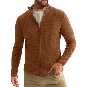 Runcati Mens Full Zip Cardigan Sweater Casual Waffle Stand Collar Knitted Winter Chunky Sweaters (Large, Brown)