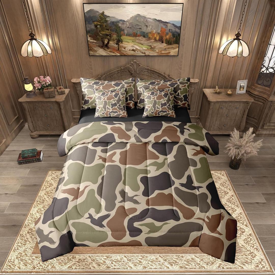 Erosebridal Green Camo 7 Pcs Comforter Set Full Duck Huner Bedding Set Army Hunting Comforter for Teens Men Camouflage Military Bed in A Bag Sheet Set Boys Wild Woodland Rustic Bedroom Decor