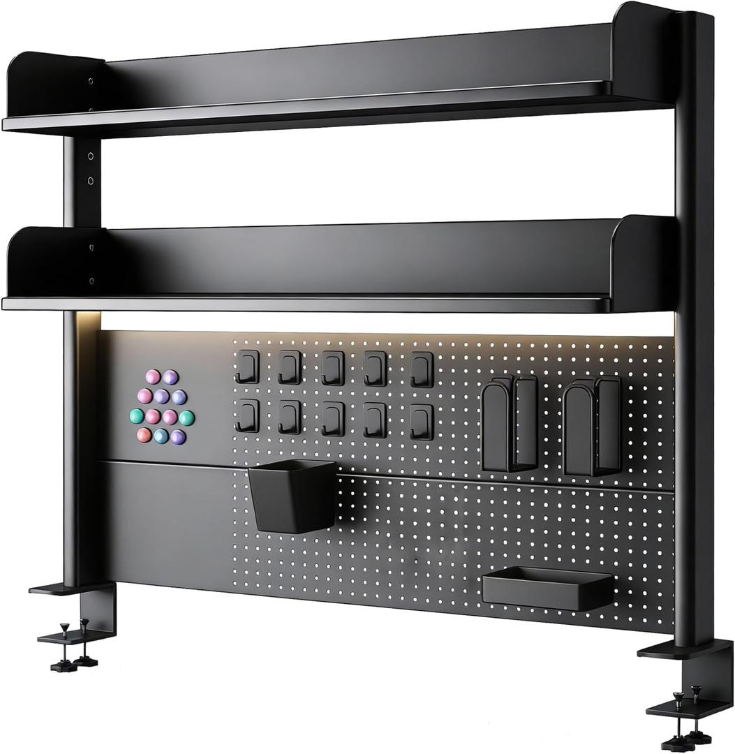 CHSSIH Clamp On Desk Pegboard Shelf - Metal Desktop Organizer Hutch with 2 Shelves for Storage and Display, Desk Add-On Shelf for Office, Dorm, or Computer Monitor Stand, Black, 31.4In