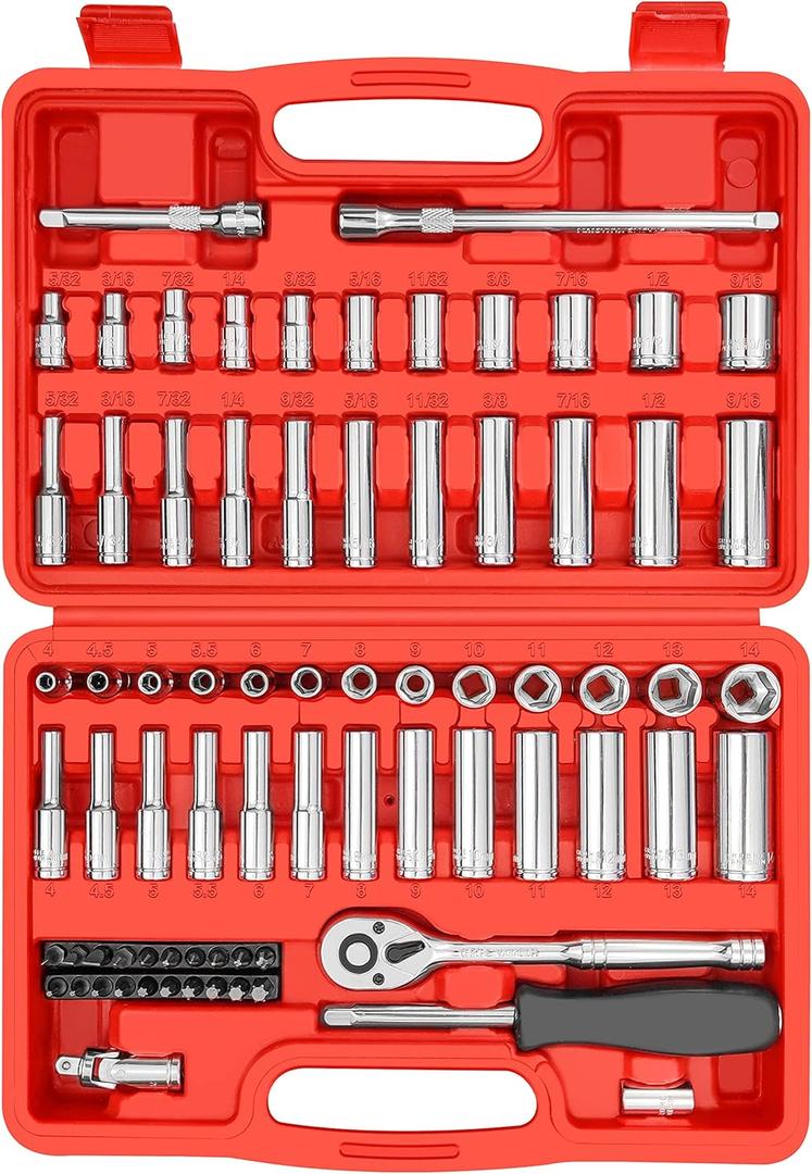 74 Pcs 1/4" Drive Socket Set,1/4-Inch Drive Master Socket Set with Ratchets,Extensions with 1/4" Drive Bits Set,Universal Joint (5/32-Inch- 9/16-Inch, 4mm-14mm)