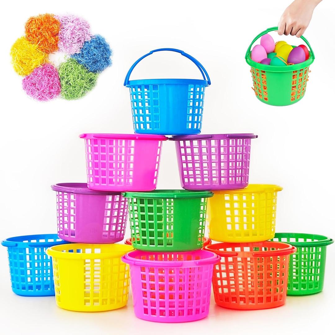 12 Pack Easter Baskets for Kids,Plastic Easter Bags with Handles,Easter Egg Basket Filled with Grass for Spring Party Favors Easter Egg Hunt Crafts Supplies Accessories
