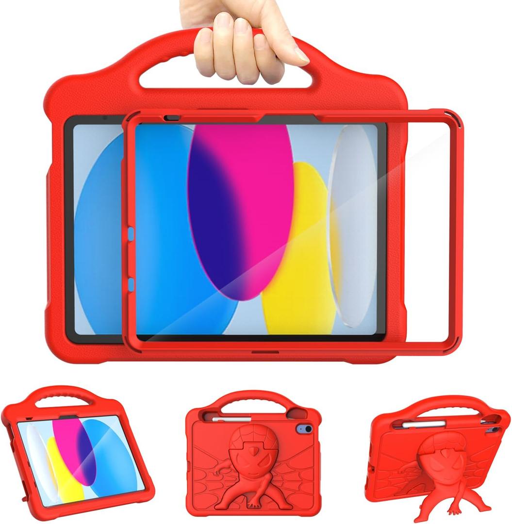 DJ&RPPQ Kids Case for iPad A16 11th Generation 2025/iPad 10th Generation 2022 with Screen Protector, Shockproof Handle Stand Cover with Pencil Holder iPad 11th/10th Generation Case for Kids, Red