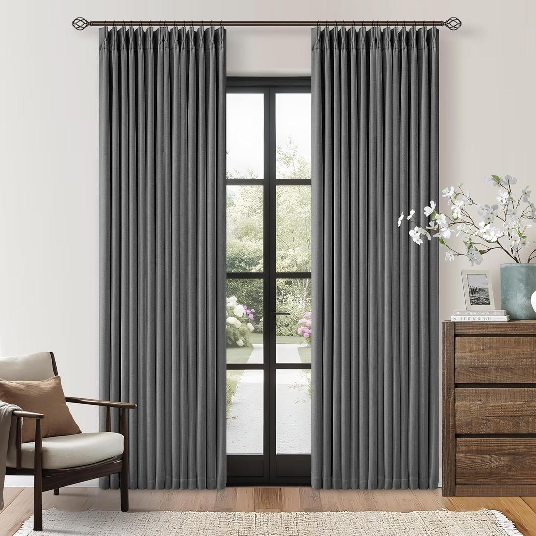 Grey Pleated Linen Blackout Curtains 80 Inches Long for Bedroom Living Room Pinch Pleat Black Out Thermal Insulated Ring Hooks Back Tab Room Darkening Drapes Charcoal Gray 80 Inch Curtains with Liner