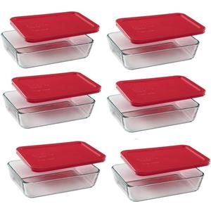 Pyrex (3) 7210 3-Cup Glass Food Storage Dishes & (3) 7210-PC Red Plastic Food Storage Lids (3 cup, Box of 6 Containers)