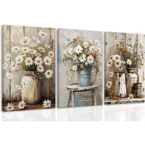 DUWQU 3 PCS Elegant Farmhouse Canvas Wall Art, Vintage Floral Pictures Art Wall Decor, Nature Themed Daisy Art Prints for Living Room Bedroom Kitchen and Office Ready to Hang 16×24 Inches
(flower)