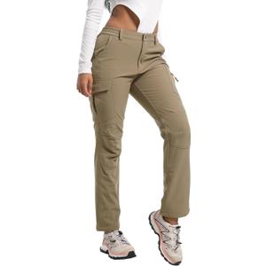 Women's Snow Ski Pants Fleece Lined Waterproof Softshell Insulated Winter Outdoor Hiking Cargo Pants (Khaki) Small