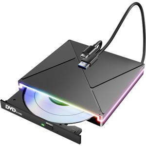 DVD Player for Laptop, External CD Drive for Mac, USB 3.0 USB C Portable CD Burner External Disk Drive, DVD Reader Writer ROM Drive Compatible with Laptop,Windows 10/8/7 Linux