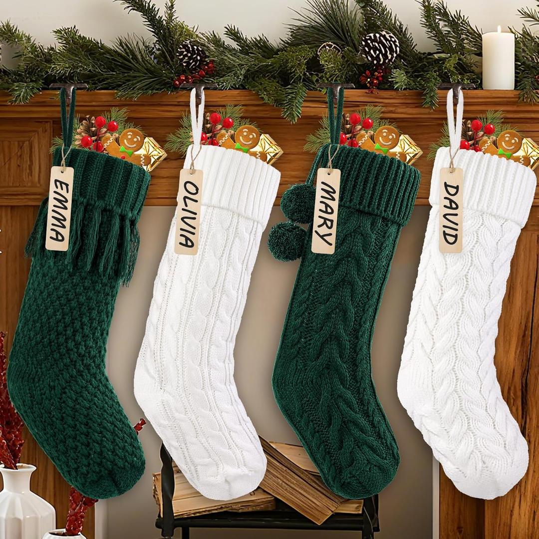 4pcs 18Inches Knitted Christmas Stockings Decoration, Cream White Dark Green Large Cable Xmas Hanging Stocking Personalized Knit Stocking's with Name Tags for Family Home Farmhouse Decor