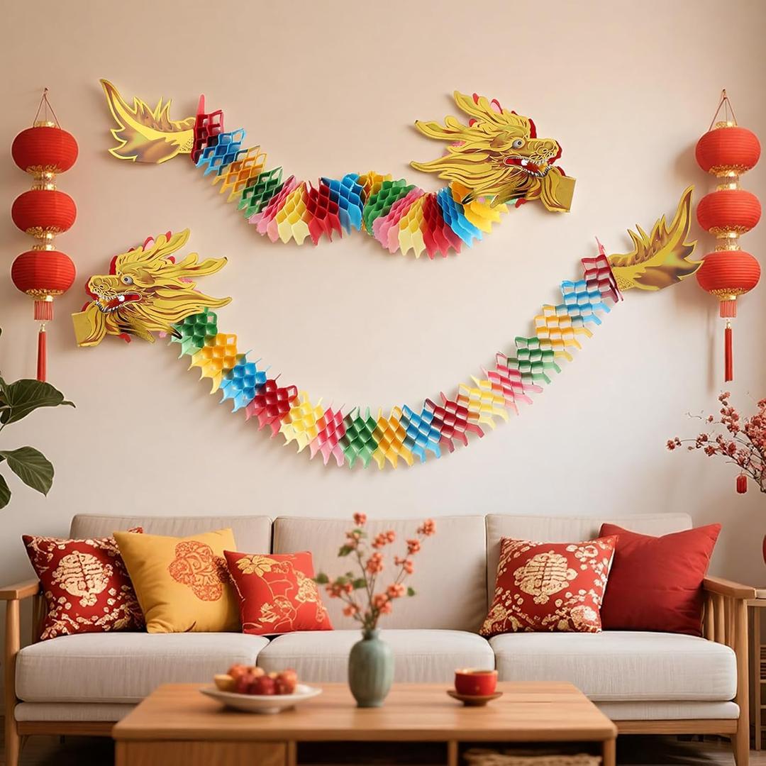 2 Pack 4.9 ft 3D Chinese New Year Dragon Hanging Decorations, Lunar New Year Paper Dragon Puppet Pick Garland for Spring Festival Lantern Party Classroom Handheld DIY Crafts Decor
