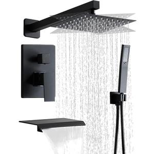 Matte Black Shower Faucet Set with Tub Spout 8 Inch, | with 2 Hooks, Tub and Shower Faucet Combo, Rain Shower and Handheld Shower System Square Wall Mount for Bathroom