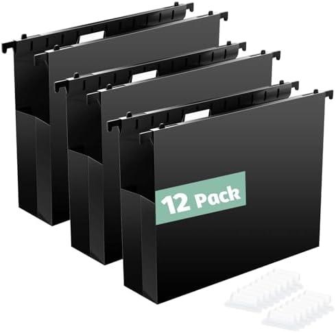 Shutex Extra Capacity Plastic Hanging File Folders,12 Pack Reinforced Hang Folders Letter Size,Accordian Pocket,Heavy Duty 2 Inch Expansion,Hard Hanging Folder Organizer for Office Home,Black