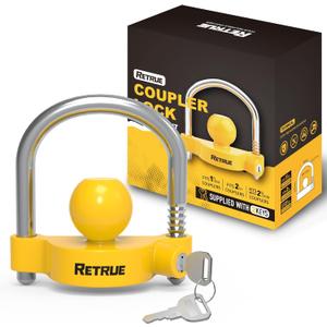 RETRUE Universal Coupler Lock Trailer Locks Ball Hitch Trailer Hitch Lock Adjustable Security Heavy-Duty Steel Fits 1-7/8 Inch, 2 Inch, 2-5/16 Inch Couplers, Bright Yellow, Light Weight