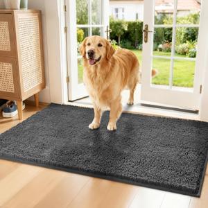 Chenille Absorbent Front Door Mat 48" x 24", Dog Door Mat for Muddy Paws, Trap Dirt Doormat, Mud Mat for Dogs, Washable Non Slip Outdoor Indoor Doormats for Entryway, Grey