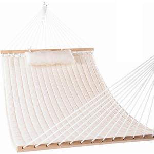 Lazy Daze Hammocks 12 FT Double Quilted Fabric Hammock with Spreader Bars and Detachable Pillow, 2 Person Hammock for Outdoor Patio Backyard Poolside, 450 LBS Weight Capacity, Natural