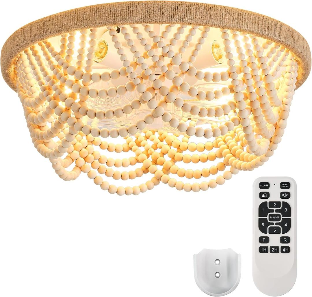 Liokoc Ceiling Fans with Lights and Remote - Bulbs Included, Caged Fandelier with Handcrafted Beaded Dcor 19 inches Reversible Flush Mount Installation Ceiling Fan, Wood