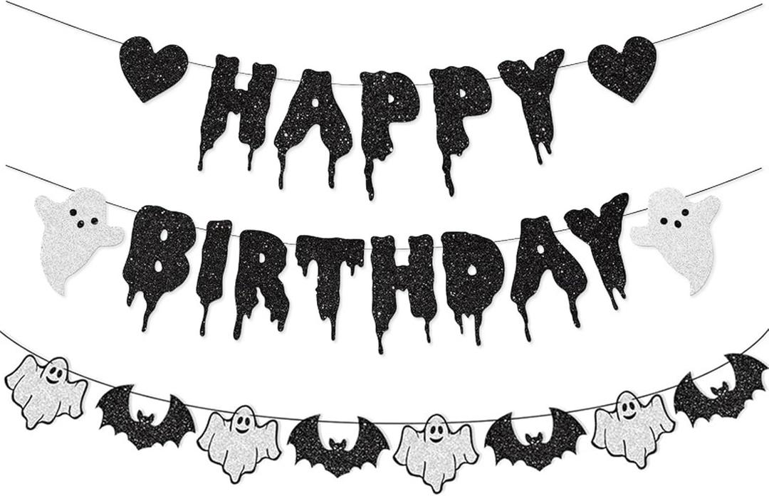2 x Halloween Birthday Party Decorations Glitter Happy Birthday Banner Horror Movie Decor Supplies Scream Theme Party Favors(Black)