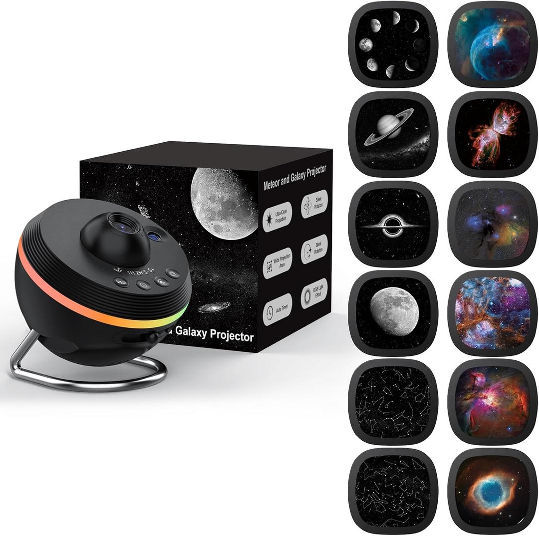 Galaxy Projector, Star Projectors Home Planetarium Space Ceiling Starry Sky Night Light with Light Strip, Meteor and Galaxy Projector & 2 Films Set for Kid Adult (Black)