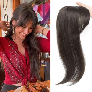 18 inch Hair Topper for Women with Bangs 3D 360 Cover Fluffy Toppers Synthetic Thinning Long Straight Hair Pieces for Women Clip in Bangs with Topper Chestnut Brown