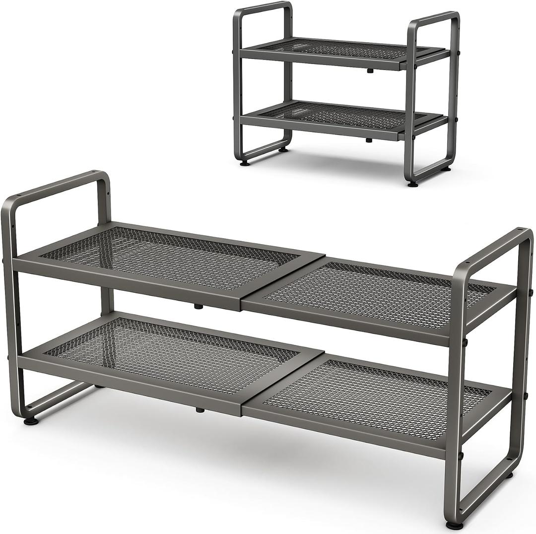 SNTD Shoe Rack - Expandable Shoe Organizer for Closet, Adjustable Metal Shoe Shelf Storage, Stackable Long Shoe Stand Holder for Garage, Entryway, Door Entrance (Grey, 2-Tier)