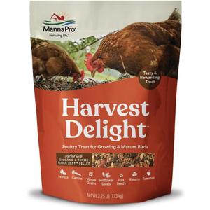 Manna Pro Harvest Delight Poultry Treat, Whole Grain & Seed Mix with Fruits & Vegetables, 14% Protein Snack for Chickens, Ducks & Mixed Flocks, 2.25 lb (EXP 10/01/26)