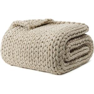 YnM Chenille Weighted Blanket, Handmade Chunky Knitted Design, Soft and Cozy, Temperature Regulating and Breathable, Machine Washable Throw for Sleep or Home Decor (Beige, 50x60 Inch, 10lbs)