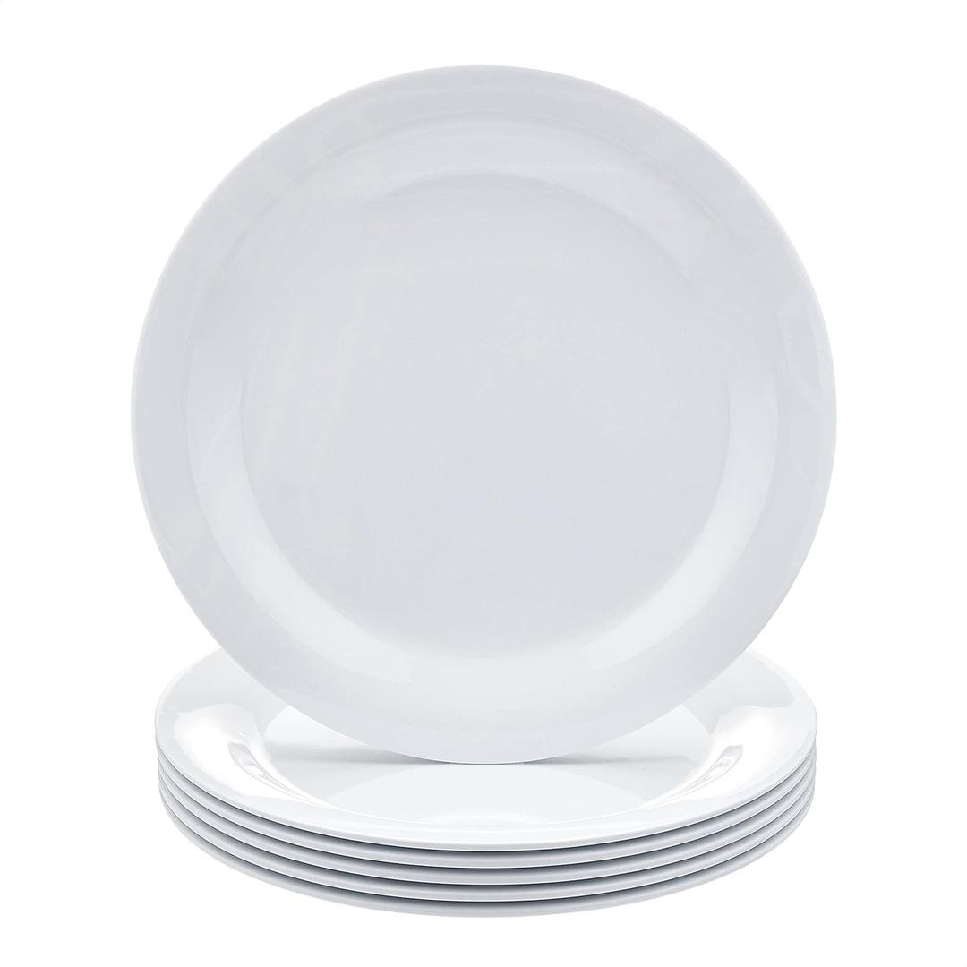 Amazon Basics Melamine Plate, Dishwasher Safe, Food Safe, BPA Free, 10.5 in, White, 6-Piece Set