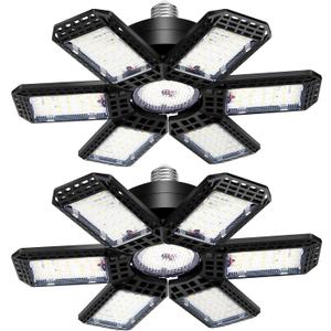 AUDLES 2 Pack Garage Lights, 200W 20000LM 6500K LED Shop Lights, Garage Light Ceiling Led with 6+1 Deformable Panels, Screw in E26/E27 Socket Bulb for Warehouse, Workshop, Basement, Barn Lighting