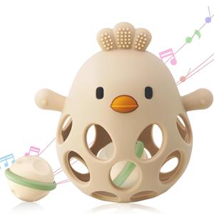 2-in-1 Baby Teething Rattle Toy, Sensory Grasping Teether for Infants 3-12 Months, 100% Food-Grade Silicone, Easy to Hold, Soothing & Developmental, BPA Free (Beige w/Rattle)