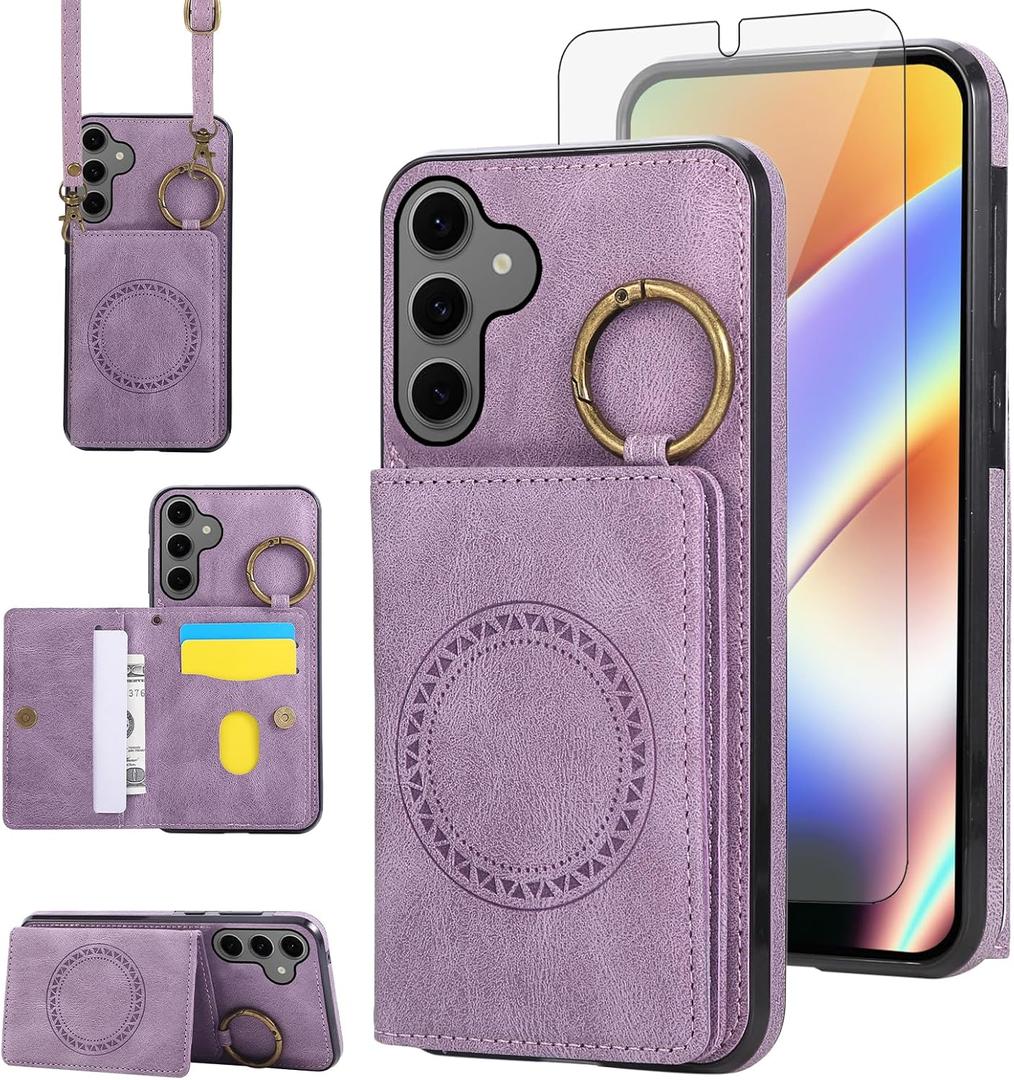 Compatible with Samsung Galaxy S24/S25 5G Wallet Case and Screen Protector Crossbody Shoulder Strap Ring Buckle Stand Card Holder Magnetic Car Mount Phone Cover for S 24 24S SM-S931U Women Men Purple
