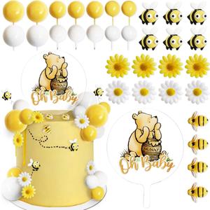 Bttwkco Winnie Baby Shower Cake Decorations Party supplies, First Birthday Classic Pooh Acrylic Cake Topper Bees & Flowers
