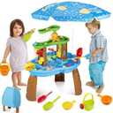 VROGTIK Water Table for Toddlers 3-5 with Umbrella Outdoor Toys for Kids Ages 4-8 3-Tier Kids Sand Water Table with Fishing Game Set Activity Sensory Table Summer Gift Beach Outside Toys for Toddlers