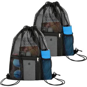 NATURAL STYLE 2 PACK Mesh Drawstring Backpack Bag, Multifunction Mesh Bag for Swimming, Athletic Gym, Clothes, Beach, Swim (Black)