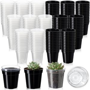 Sliner 200 Pcs 2 Inch Plastic Nursery Pot Mini Seedling Planter Flower Planting Pots Plastic Planters with Drainage Holes for Outdoor Indoor Flower, Starting Seedlings, Black, Clear
