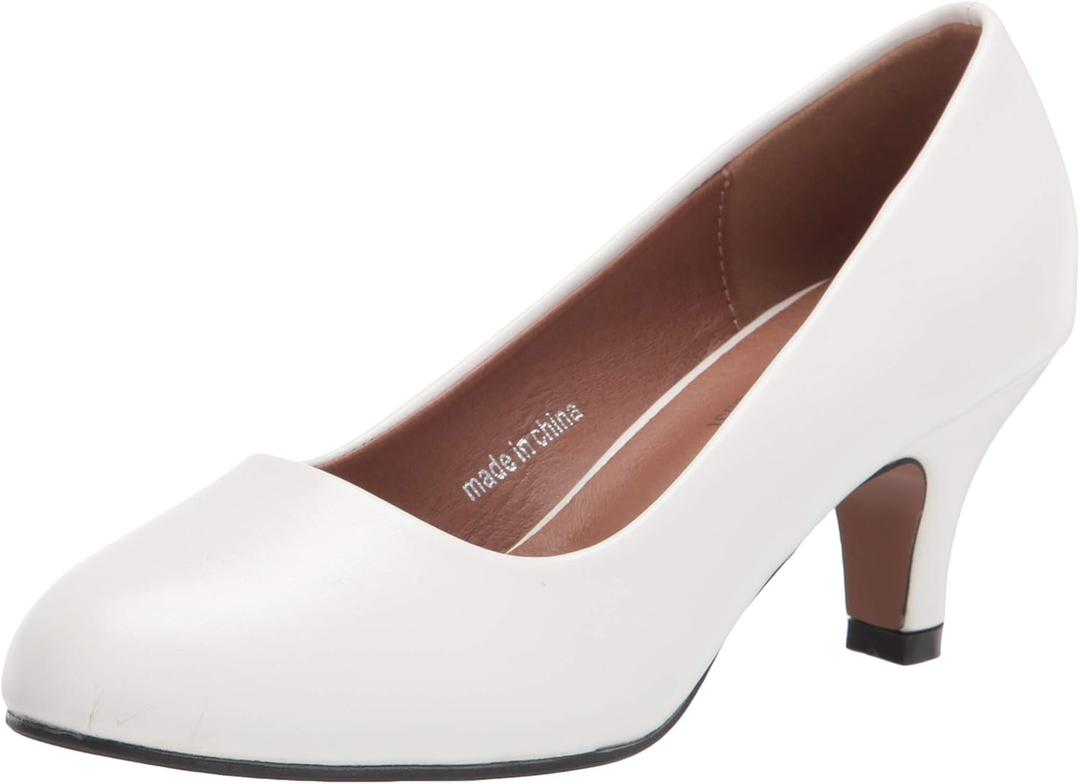 Women's Classic Round Toe Pumps, Mid Kitten Heel, Office Dress Shoes Matt White - US 9.5