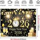 Black Gold Happy New Year 2026 Backdrop Banner 8x6ft Fireworks Clock Champagne Banner Golden Party Decoration Photography Background for Indoor Outdoor Celebration