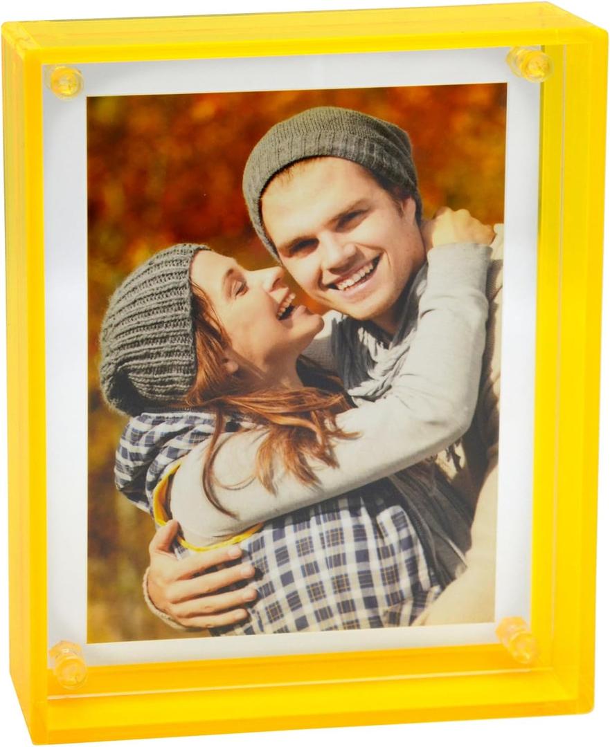 Acrylic 5X7 Picture Frame to Display 5x7 4x6 Pictures Mat-free Neon Floating Photo Frame for Wall and Tabletop, Neon Yellow