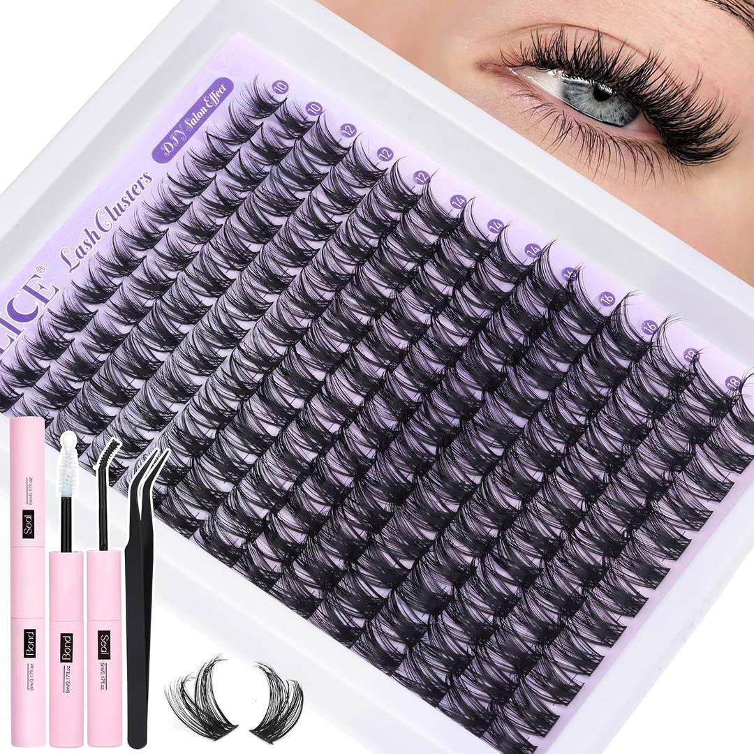 ALICE Lash Clsusters Kit Wispy Eyelash Clusters Kit Cluster 10-18mm Natural Eyelash Extension Kit 168pcs Thin Band Individual Lashes Kit with Lash Glue Bond and Seal DIY at Home