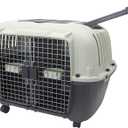 SportPet Airline Compliant 2-Door Large 34.5" Travel Dog Kennel - Durable Plastic Pet Carrier w/Divider, Wheels, & Bowls, Collapsible Indoor/Outdoor Dog Kennel, Dogs up to 28" L & 20" H - Cream/Gray