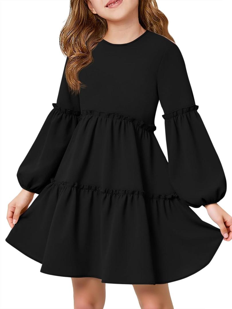Girls Lantern Long Sleeve Dress Kids Flowy Tiered Ruffle Crewneck A-Line Fall Dresses (160, Black)