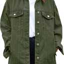SeekMe Women's Oversized Jean Jacket Plus Size Button Down Washed Mid Long Denim Jacket (X-Large, Green)