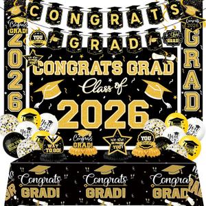 2026 Graduation Decorations, Grad Party Decorations, Class of 2026 Backdrop, Balloons, Tablecloth, Couplets, Streamers Kit - Complete Party Supplies for High School & College Celebrations