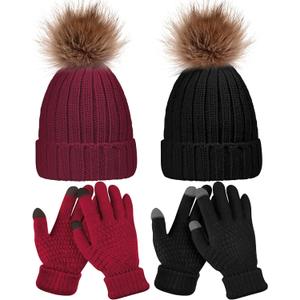 4 Pcs Winter Beanie Hat Gloves Set Pom Knit Unisex Warm Fleece Lined Hat Touchscreen Gloves for Women Men Couples Friends (Black and Red)