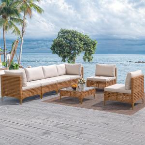 YITAHOME 7-Piece Patio Furniture Set, All-Weather PE Wicker Patio Conversation Set for Backyard Deck Poolside Porch, Outdoor Sectional Sofa with Coffee Table & Soft Cushions (Beige)