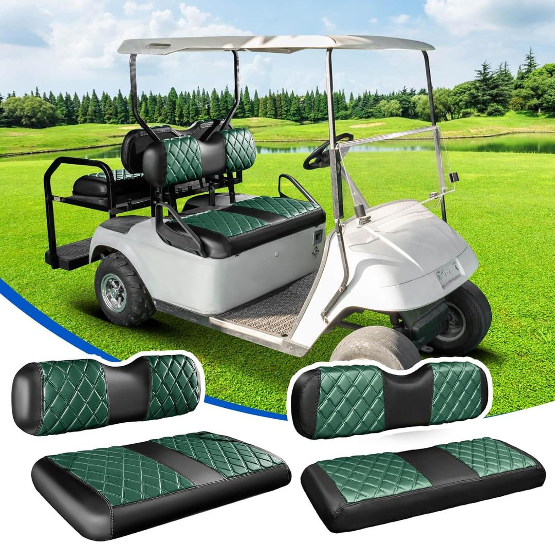 4PCS Golf Cart Diamond Seat Covers Kit, Front&Rear Seat Covers Fits EZGO TXT 1994-2013/EZGO RXV Standard Seat Cushion, EZGO Vinyl Seat Cover Accessories, No Staples (Dark Green&Black)