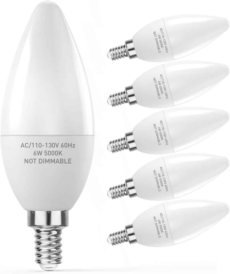 PARTPHONER E12 Base LED Light Bulbs B11 Candelabra Bulbs 60W Equivalent, Non-Dimmable 6W LED Bright Candle Small Base Chandelier Bulb 600 Lumen, 5000K Cold White for Ceiling Fan, Pack of 6