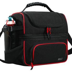 MIER Dual Compartment Lunch Bag Tote with Shoulder Strap for Men and Women Insulated Leakproof Cooler Bag, Black/Red